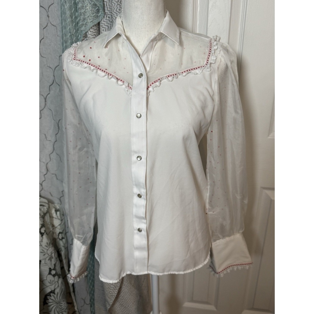 Karman Vintage White Long Sheer Sleeves Lace Pearl Snap Buttons Hearts 9/10